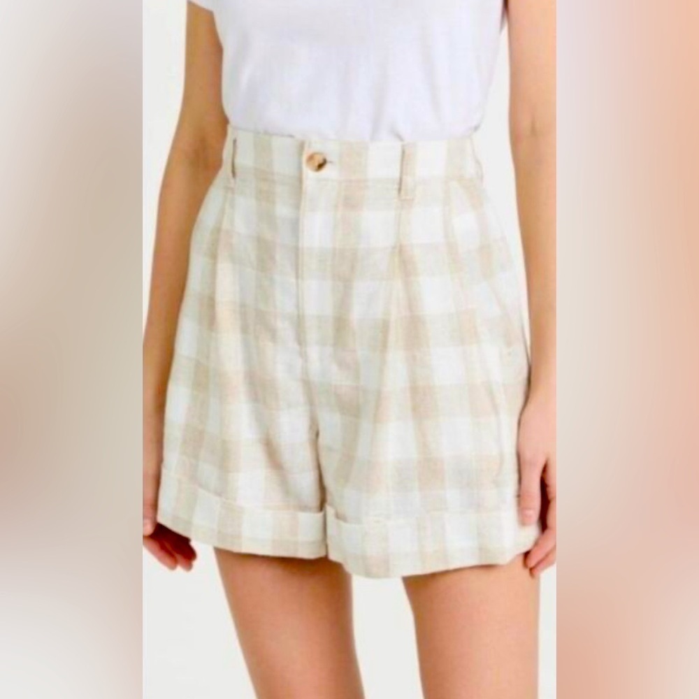 MADEWELL Sz 0 Linen Viscose Cotton Checkered High Rise Cuffed Pleated Shorts